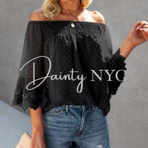 Boho Smocked Off Shoulder Blouse Lace Trim Sleeve